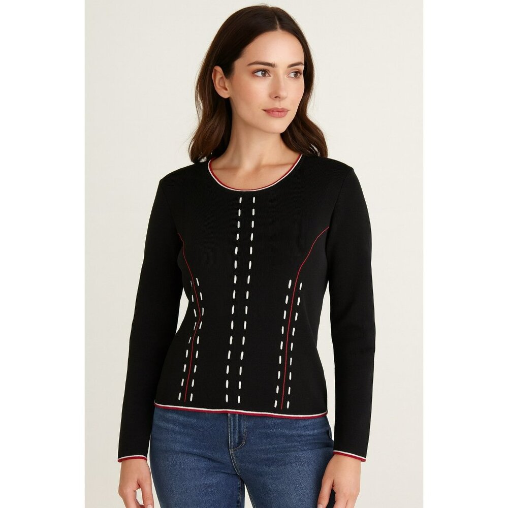 Vintage 90s Retro Carducci Black Long Sleeve Sweater W/ White Dotted & Red Trim